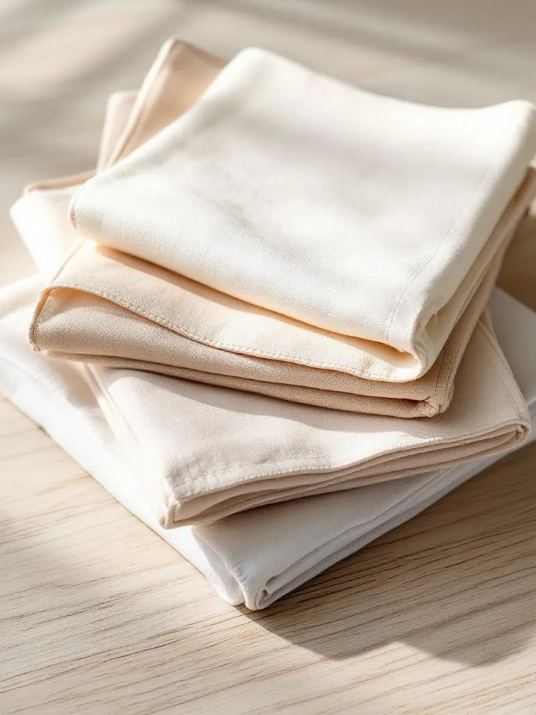 Napkin manufacturer Karachi Pakistan showing stacked cream cotton dinner napkins with hemstitched edges, top view